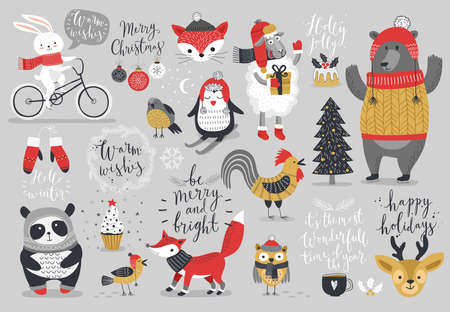 Christmas set, hand drawn style - calligraphy, animals and other elements. Vector illustration.のイラスト素材