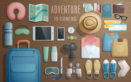 Travel accessories prepared for the trip on wooden background. Vector illustration.