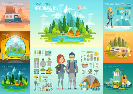 Camping Infographic, mountaineering, caravan, house on weels, equipment. Vector illustration.のイラスト素材