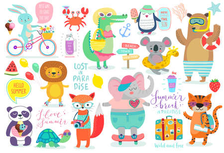 Animals hand drawn style, Summer set - calligraphy and other elements. Vector illustration.のイラスト素材
