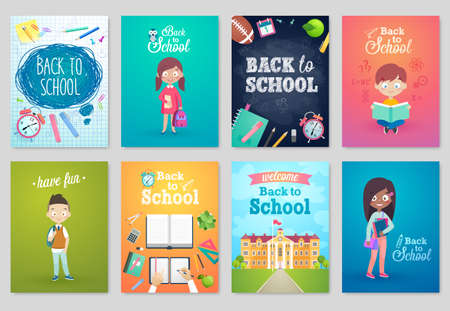Back to School card set, school kids, chalkboards, equipment. Vector illustration.のイラスト素材