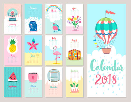 Calendar 2018. Cute monthly calendar with forest animals.のイラスト素材