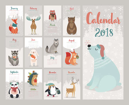 Calendar 2018. Cute monthly calendar with forest animals. Vector illustration.のイラスト素材