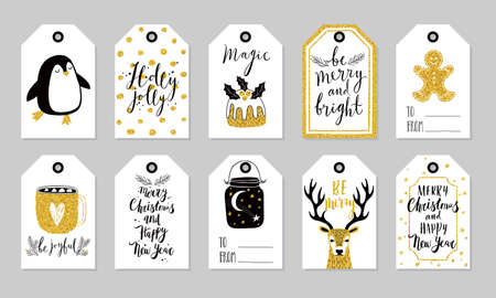 Christmas gift tags set, hand drawn style. Vector illustration.