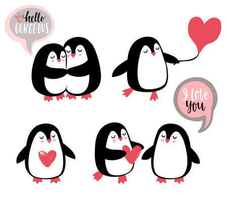 Cute romantic penguins vector illustration.のイラスト素材