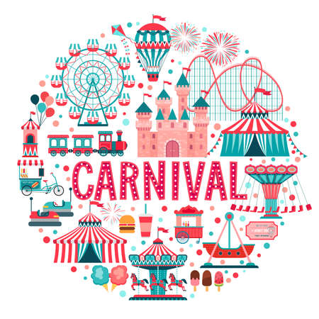Amusement park concept, circus, carnival and fun fair theme set, with roller coasters, carousels, castle, air balloon. Vector illustration.のイラスト素材