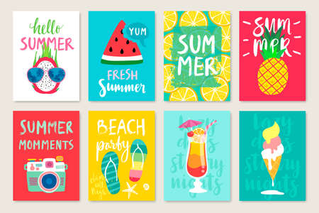 Summer hand drawn calligraphyc card set with fruits, cocktails, ice cream. Use it for flyers, postcards, banners, posters and other designs. Vector illustration.のイラスト素材