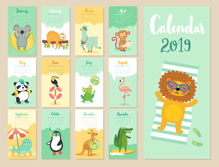 Calendar 2019. Cute monthly calendar with forest animals. Hand drawn style characters.のイラスト素材