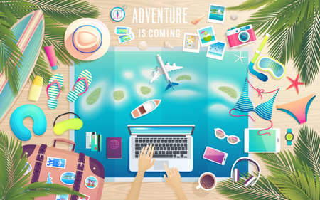 Adventure is comming. Preparing for the trip to tropical paradise. Summer travel poster, packing stuff on wooden desk. Vector illustration.のイラスト素材