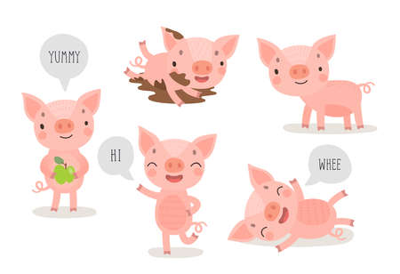 Pigs hand drawn style, cute funny characters. Cartoon set with different emotions and poses. Vector illustration.のイラスト素材