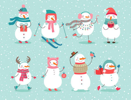 Christmas set with cute snowmen. Funny characters with garland, gift, bird, skates, ski and christmas balls.のイラスト素材
