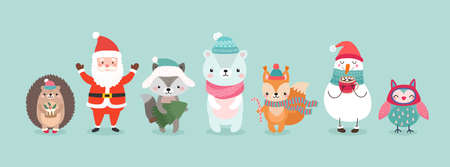 Christmas characters - animals, snowmen, Santa Claus. Cute Woodland characters, bear, wolf, hedgehog, owl and squirrel. Vector illustration.のイラスト素材