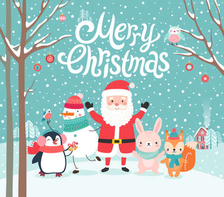 Cute characters hugging - Santa Claus, squirrel, rabbit, penguin and snowman. Merry Christmas card. Vector illustration.のイラスト素材