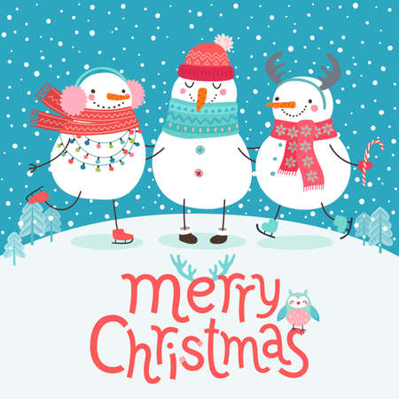 Cute snowmen hugging. Merry Christmas card. Vector illustration.のイラスト素材