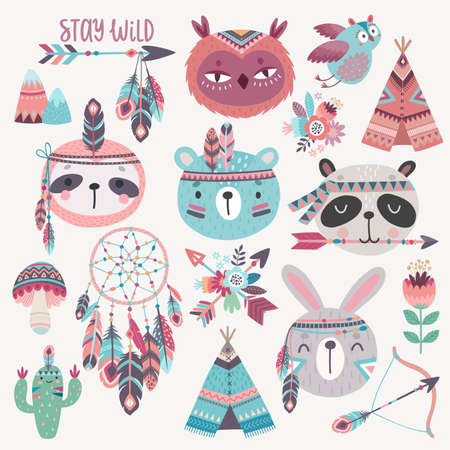 Cute Woodland boho tribal characters, rabbit, owl, sloth, panda,bear. American indian set of Vector illustration. - Vector illustrationのイラスト素材