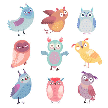 Cute Woodland owls. Funny characters with different mood. Vector illustration. - Vector illustrationのイラスト素材