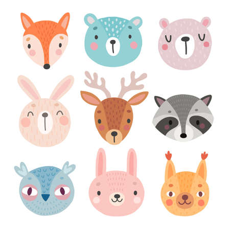 Cute Woodland characters, bear, fox, raccoon, rabbit, squirrel, deer, owl. Vector illustration. - Vector illustrationのイラスト素材