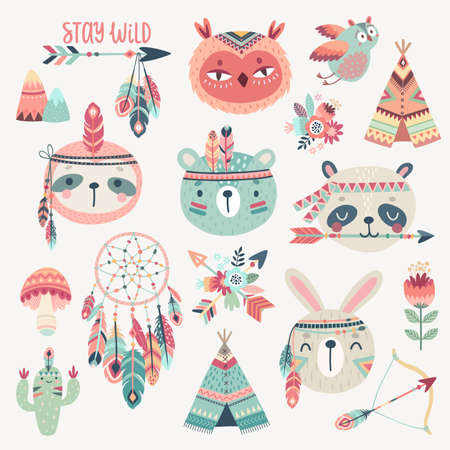 Cute Woodland boho tribal characters, rabbit, owl, sloth, panda,bear. American indian set of Vector illustration. - Vector illustrationのイラスト素材