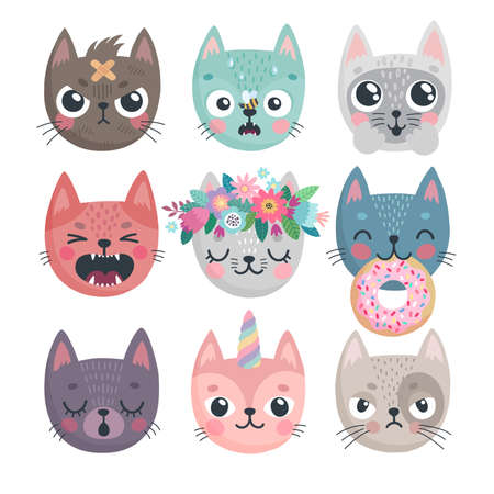 Cute kittens. Characters with different emotions - joy, anger, happines and others. Vector illustration. - Vector illustrationのイラスト素材