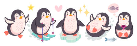 Cute penguins skiing, having fun, drinking tea. Funny characters. Vector illustration. - Vector illustrationのイラスト素材