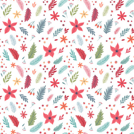 Christmas Seamless floral pattern, hand drawn decorative elements.