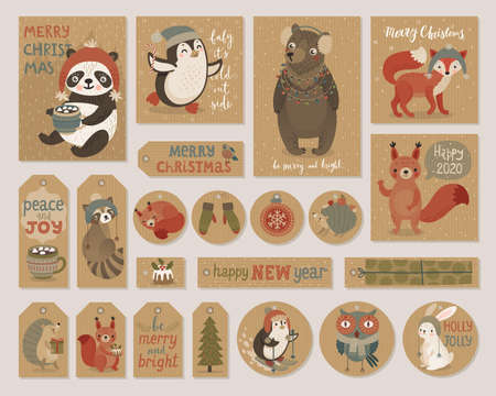 Christmas craft paper cards and gift tags set, hand drawn style.のイラスト素材