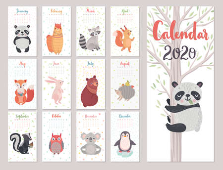 Calendar 2020 with Animals . Cute forest characters.のイラスト素材
