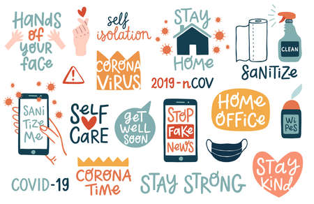 CoronaVirus Covid-19 letterings and other elements. Vector illustration.のイラスト素材
