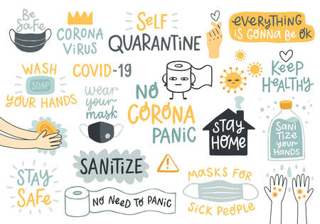 CoronaVirus Covid-19 letterings and other elements. Vector illustration.のイラスト素材