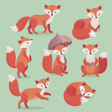 Fox set hand drawn style. Cute Woodland characters playing, sleeping, relaxing and having fun. Vector illustration.のイラスト素材