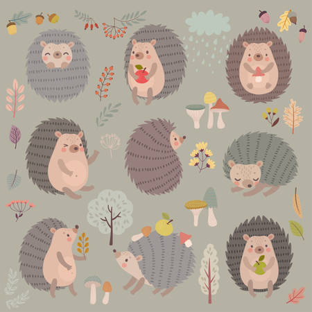 Hedgehog set hand drawn style. Cute Woodland characters playing, sleeping, relaxing and having fun. Vector illustration.のイラスト素材