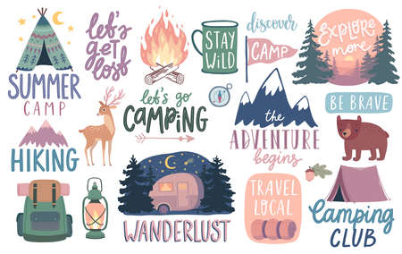 Camping, Hiking, Adventure letterings. Wild animals, fireplace, mountains, tents and other elements. Flat Vector illustration.のイラスト素材