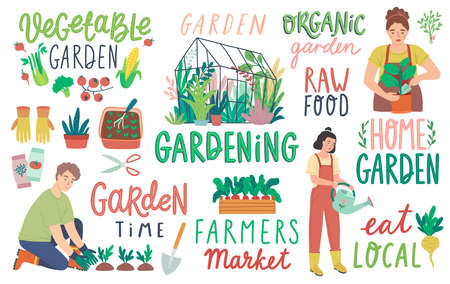 Gardening letterings, working people and other elements. Farmers products and home Garden set. Flat Vector illustration.のイラスト素材