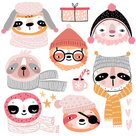 Cute Sloths in winter clothes. Childish characters - Christmas theme. Vector illustration.のイラスト素材