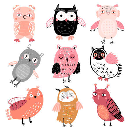 Cute Woodland owls. Funny childish characters with different mood. Vector illustration.のイラスト素材
