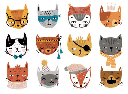 Cute kittens. Childish characters with different emotions - joy, anger, happines and others. Vector illustration.のイラスト素材