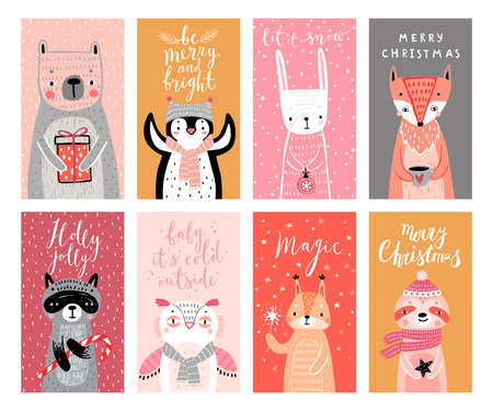 Cute cards with woodland animals celebrating Christmas eve, having fun, drinking tea. Funny characters. Vector illustration.のイラスト素材