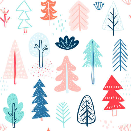 Seamless pattern with Cute winter trees. Childish Colorful Background. Vector illustration.のイラスト素材