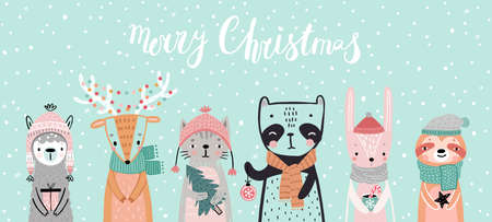 Christmas card with animals, hand drawn style. Woodland characters, panda, rabbit, sloth, deer, llama and cat. Vector illustration.のイラスト素材