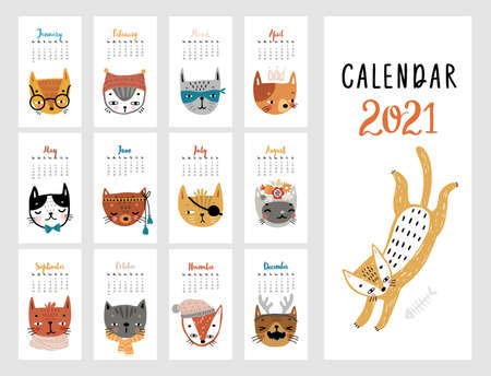 Calendar 2021. Monthly calendar with cute Cats. Hand drawn style illustration.のイラスト素材
