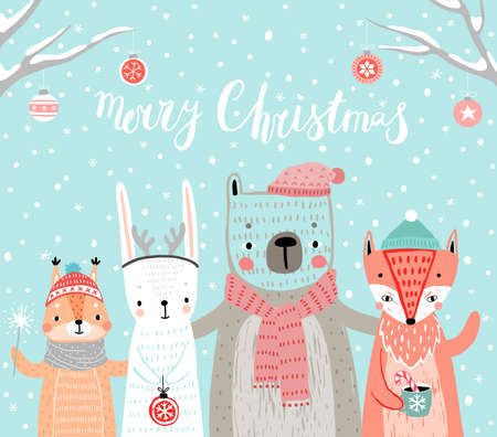 Christmas card with animals, hand drawn style. Woodland characters, rabbit, bear, fox and squirrel. Vector illustration.のイラスト素材