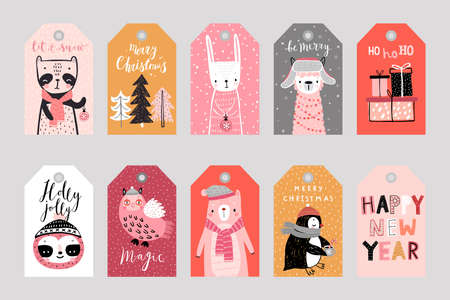 Cute gift tags with woodland animals celebrating Christmas eve, having fun, and handwritten letterings. Funny characters. Vector illustration.のイラスト素材