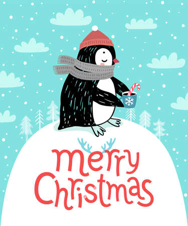 Cute penguin drinking tea. Merry Christmas card. Vector illustration.のイラスト素材