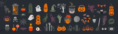 Halloween graphic elements - pumpkins, ghosts, zombie, owl, cat, candy and others. Hand drawn set. Vector illustration.のイラスト素材