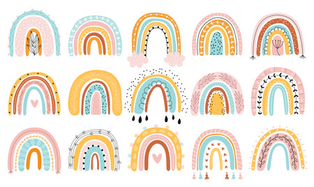 Cute Boho floral rainbows for your design, childish hand drawn botanical elements. Nursery theme, Vector illustration.のイラスト素材