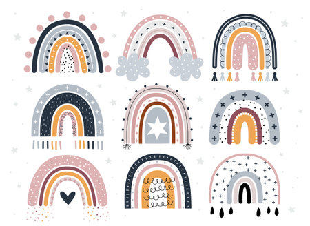 Cute Scandy rainbows for your design, childish hand drawn elements. Nursery theme, Vector illustration.のイラスト素材
