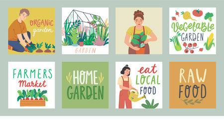 Gardening cards with letterings, working people and other elements. Farmers products and home Garden set. Flat Vector illustration.のイラスト素材