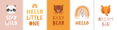 Cute Boho cards with Letterings for your design - Dream big, Stay wild, Hello little one and others. Childish hand drawn prints with animals. Nursery theme, Vector illustration.のイラスト素材