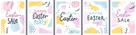 Easter design cards, floral prints with lettering and eggs and other elements, abstract posters. Vector illustration.のイラスト素材