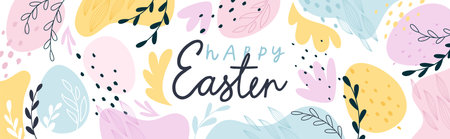 Easter banner, floral design with lettering and eggs and other elements . Vector illustration.のイラスト素材